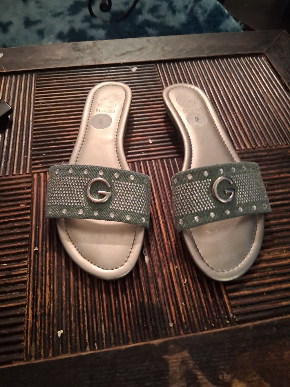 Guess Olive Denim Crystal-Embellished Slide Sandals